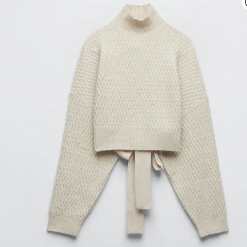 Zara Open Back Ribbed High Neck Oatmeal Sweater Size Small